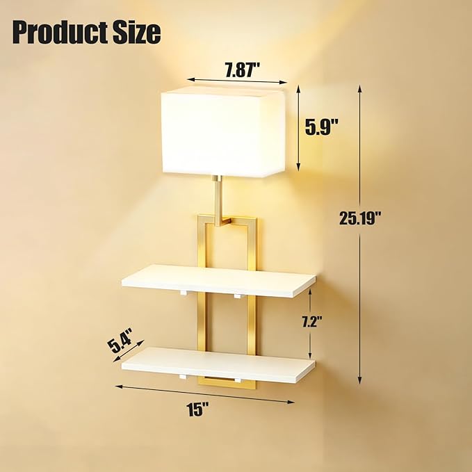 Set of 2 Battery Operated Wall Sconce with 2-Tier Shelf, Remote Wireless Rechargeable Dimmable Wall Lights with Floating Shelves, Wall Lamps for Bedroom Living Room Hallway Bathroom Decor, Gold