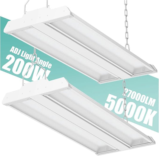 Allsmartlife LED Linear High Bay Shop Light 2-Pack, 200W 27000LM 5000K Daylight 0-10V Dimmable, Adjustable Led High Bay Lighting Fixtures for Garage Warehouse Workshop ETL