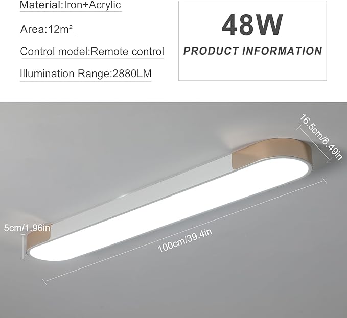 Qcyuui Modern LED Ceiling Light,39.4 Inch Dimmable LED Flush Mount Ceiling Lights,White and Gold Long Ceiling Light Fixture for Office Bedroom Kitchen Hallway (48W/3000-6500K)