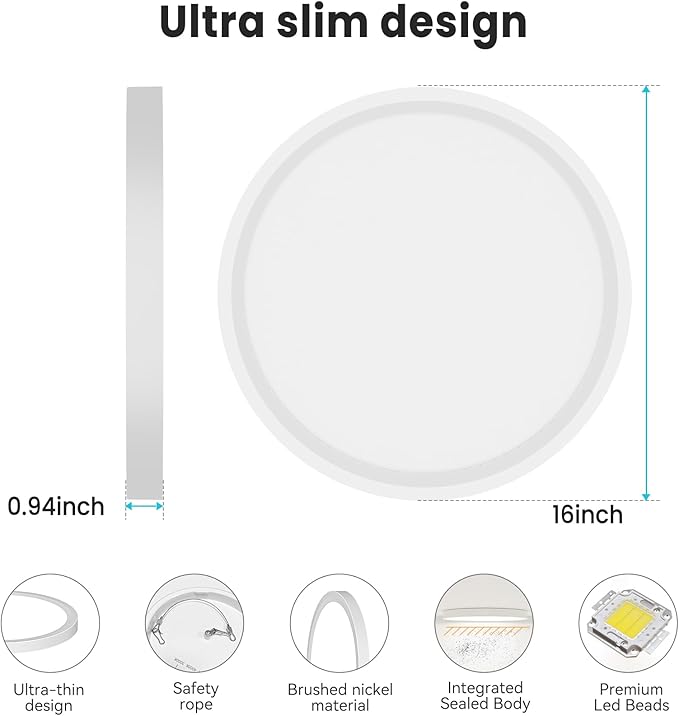 libtit 16Inch Flush Mount LED Ceiling Light Fixture, 3000K 4000K 6500K Adjustable, 36W 3600lm White Satin Round Ceiling Lamp for Bathroom Shower Hallway Kitchen, 2 Pack