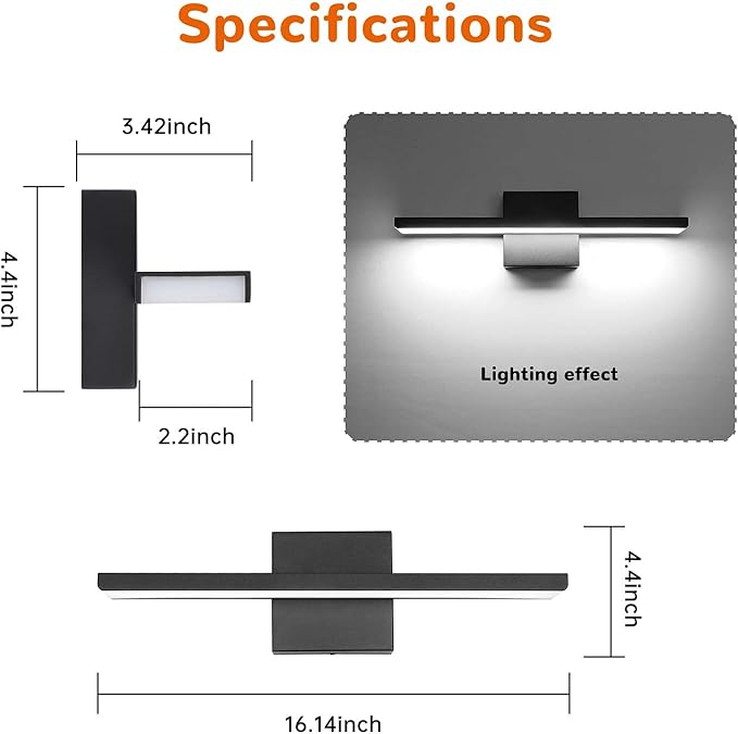JUSHENG Black Modern LED Bathroom Vanity Light Fixtures, 16 Inch 16W Bathroom Light Fixtures Over Mirror, Wall Light Fixtures Cool White 6000K