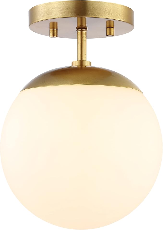 JONATHAN Y 7.75" Brass Gold Modern Semi Flush Mount Ceiling Light, LED Fixture for Entryway, White Frosted Glass Globe Shade, Mid-Century Farmhouse Lighting for Bedroom Hallway JYL7499A