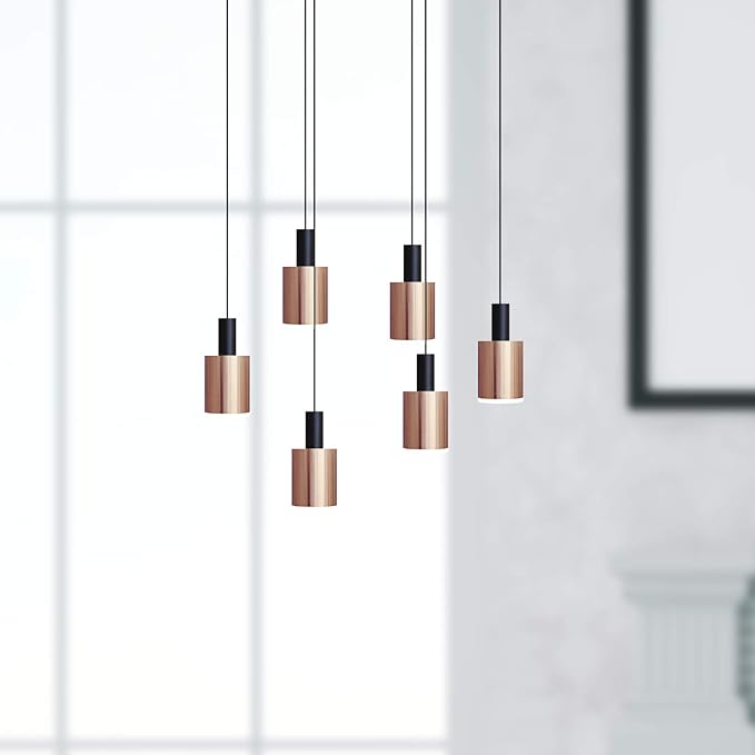 Virgo 6 Mini Pendant Lighting Black-Copper - LED Hanging Light Fixture for Kitchen Island, Bar, Foyer - Cluster Pendants - Dimmable, Adjustable Wire, Lamp Bulb Included