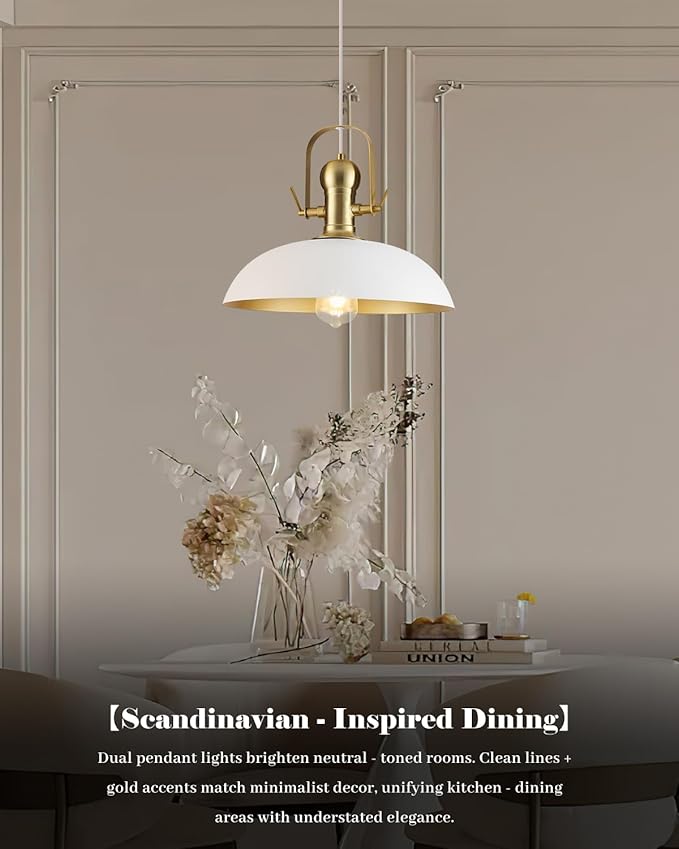 White and Gold Pendant Lights 2 Pack, 13.8 Inch White Farmhouse Pendant Light Kitchen Island, Industrial Pendant Lights, Island Pendant Lights for Kitchen Barn Hallway Porch Dining Room