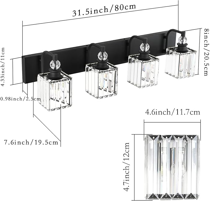 Ralbay Black Crystal Vanity Light 4 Light 31.5''Modern Matte Black Bathroom Wall Light Fixtures Over Mirror Bathroom Vanity Lights