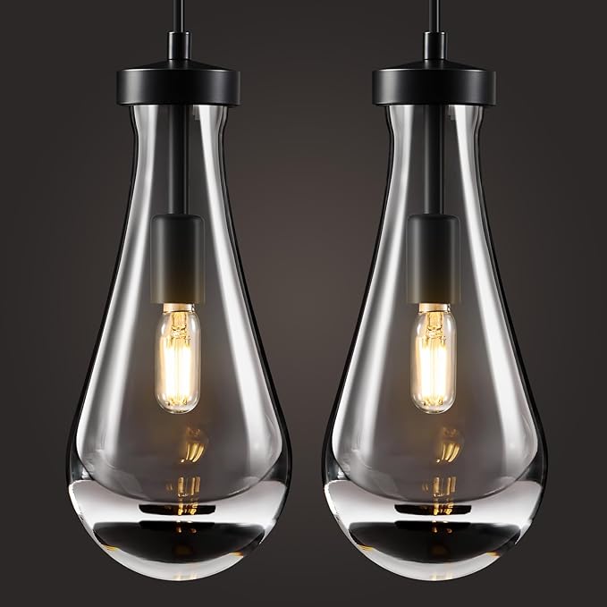 Raindrop Pendant Lights Kitchen Island: Set of 2 Rain Crystal Black Teardrop Hanging Light Fixtures over Dining Table - Modern Glass Tear Drop Ceiling Pendants Chandelier Bar Bedroom Bathroom Lighting