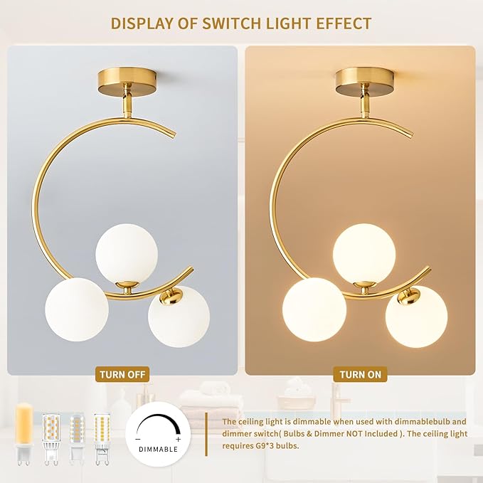 Hallway Light Fixtures, 3-Light Gold Semi Flush Mount Ceiling Light Fixture 3 Globe Glass lampshades, for Kitchen, Dining Table, Bedroom, Hallway, Entryway and Balcony