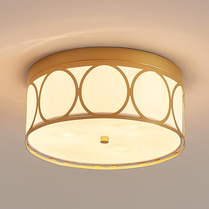 Modern Fabric Drum Ceiling Light, Flushmount Close to Ceiling Light Fixture for Living Room, Bedroom, Dining Room, Kitchen. D12 x 5in, Gold Finished Metal Frame, White Fabric Lampshade