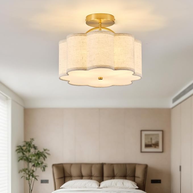13.5" Semi Flush Mount Ceiling Light Fixture for Bedroom, 3-Light Flower-Shape Modern Close to Ceiling Light with Fabric Shade for Hallway Nursery Kitchen Island(Hemp-Color)