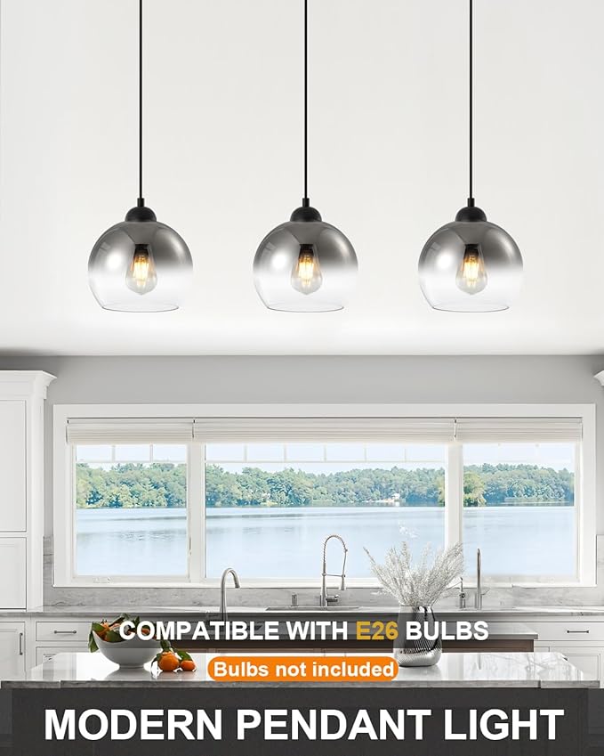 Modern Gradient Smoke Gray Glass Pendant Light，7.8-Inch Globe Adjustable Hanging Pendant Light for Bedroom Kitchen Island Dining Room Stairwell