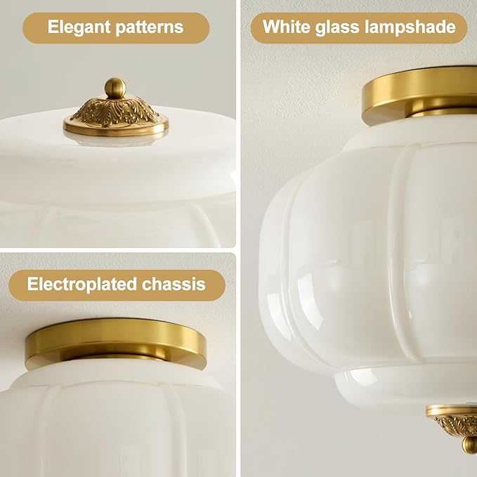Milk Glass Ceiling Light Fixture 15 inch Semi Flush Mount Ceiling Light Mid Century Gold Modern Ceiling Lamp for Kitchen Dining Room Bedroom and Hallway(White) E26