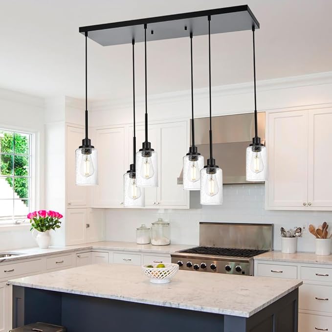TODOLUZ 6-Lights Black Kitchen Island Light, Linear Pendant Lighting Fixtures with Seeded Glass, Farmhouse Dining Room Chandelier Hanging Lights for Restaurant Living Room