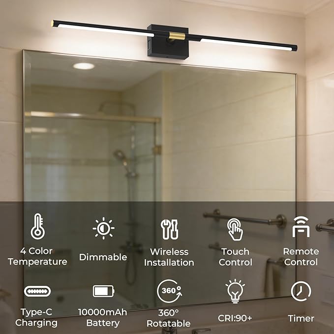 Battery Operated Wall Sconce Set of Two - 10000mAh Cordless Rechargeable Wall Sconces with Remote & Touch Control, 360°Rotate, 4CCT Dimmable Black Wall Lights for Bedroom Living Room, 31.5 inch
