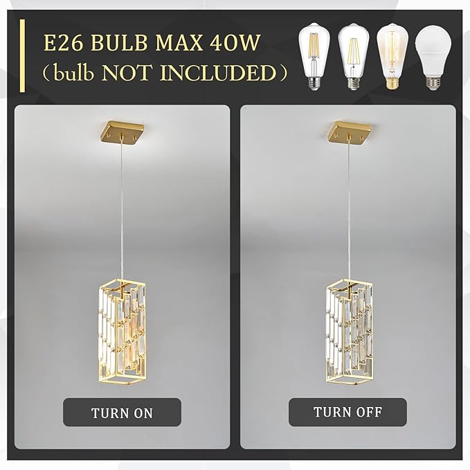 CATINER Gold Crystal Pendant Light, Mini Hanging Pendant Lighting Fixture with Adjustable Cord, Modern Luxury Pendant Light for Kitchen Island, Dining Room, Bedroom, Hallway, E26 Base (1 Pack)