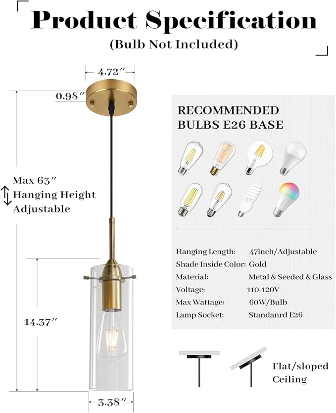 Gold Pendant Lights Kitchen Island 3 Packs, Blown Glass Pendant Light, Modern Glass Kitchen Pendant Light, Hanging Pendant Lights, Island Pendant Lights for Kitchen, Dining Living Bathroom