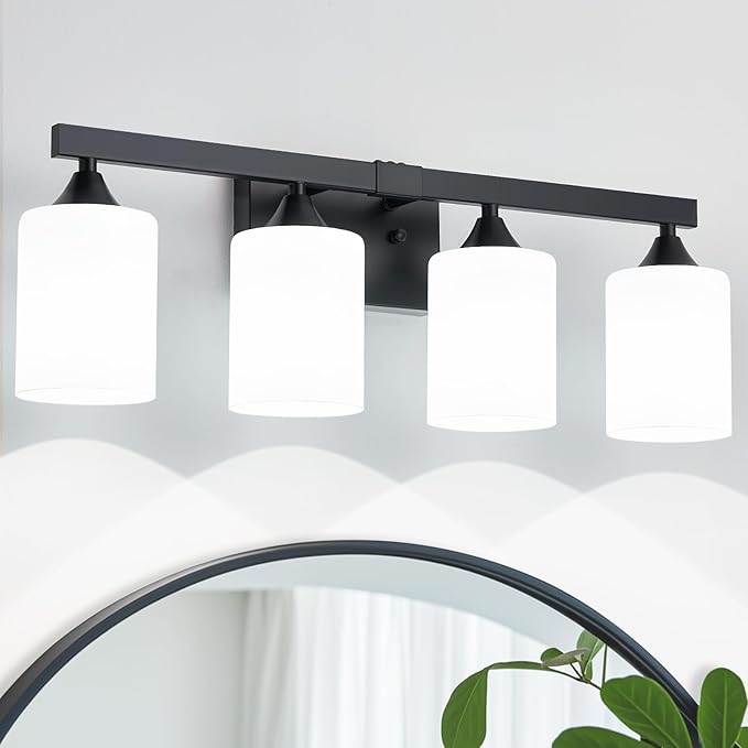 ZHU YAN Bathroom Lights Fixtures Over Mirror,4-Light Vanity Light Fixtures,White Frosted Glass Shades,22 Inches Modern Matte Black Wall Sconces for Bathroom,Bedroom,E26 Base