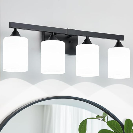 ZHU YAN Bathroom Lights Fixtures Over Mirror,4-Light Vanity Light Fixtures,White Frosted Glass Shades,22 Inches Modern Matte Black Wall Sconces for Bathroom,Bedroom,E26 Base