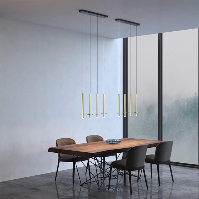 Draco 4 Pendant Lighting Brass – LED Hanging Light Fixture for Kitchen Island, Bar, Foyer – Equilateral Cluster of Mini Metal Rod Pipe Tube Cylinders – Dimmable, Adjustable Wire, Lamp Bulb Included