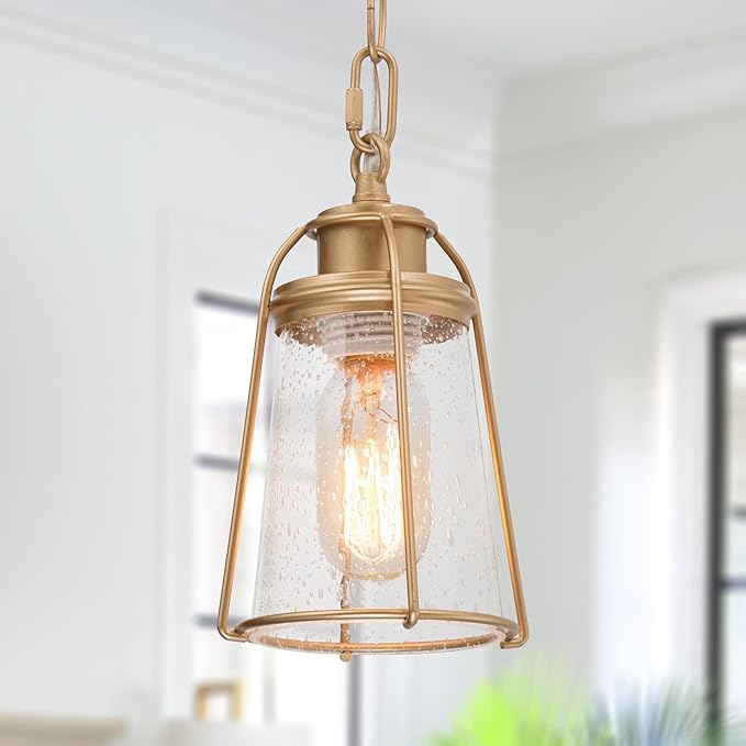 KSANA Gold Pendant Lighting, Mini Modern Hanging Light Fixture with Seeded Glass Shade for Kitchen Island, Foyer, Hallway, Bedroom and Entryway