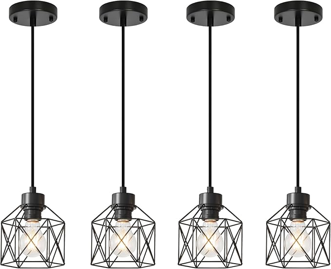 4-Pack Hanging Pendant Light Fixtures, Farmhouse Kitchen Island Light Fixture, Industrial Hanging Pendant Lighting for Dining Room Bedroom Hallway, Black Metal Cage Pendant Lamp, E26 Base