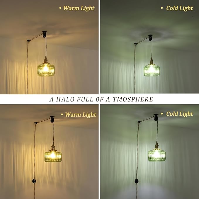 Shenmoyl Plug in Pendant Light Hanging Light Fixture Corded On/Off Switch Brass Pendant Light with Green Striped Glass Lampshade for Bedroom Living Room Kitchen Island