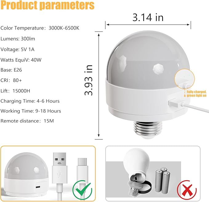E26 2.4Ghz Rechargeable Light Bulb with Remote Control,Battery Operated Light Bulb for Sconces and Lamps, E26 Detachable Charging for Non-Hardwired Fixture,Dimmable 3000K-6500K RGBWW,1Pack