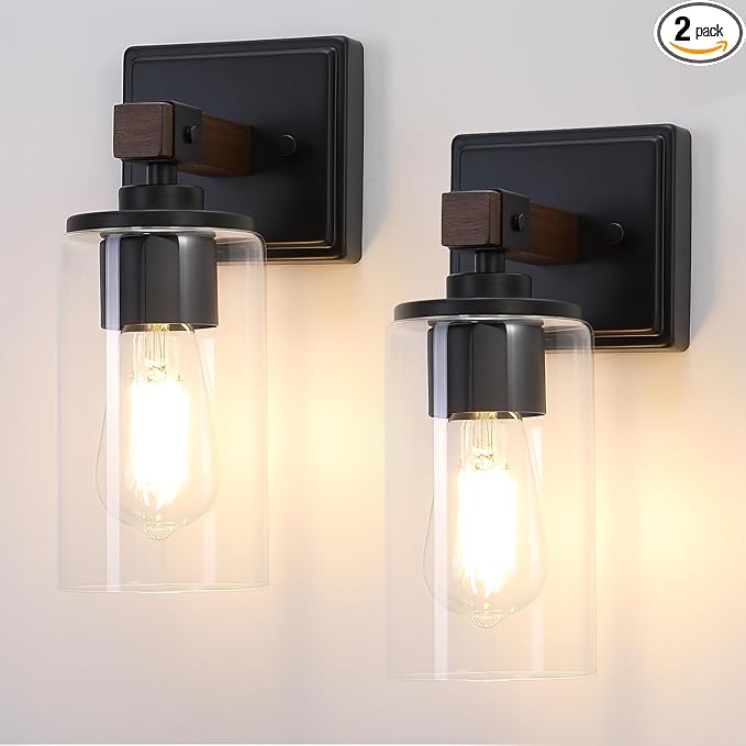 Wall Sconces Set of 2, Farmhouse Rustic Vanity Lights, Dark Brown Wood Grain Rustic Wall Sconce with Clear Glass Shade for Mirror, Bathroom, Bedroom, Hallway, E26, Hardwired(Bulbs Not Included)