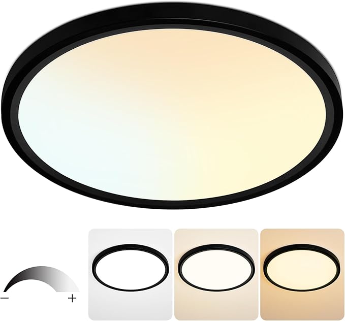 20 Inch Flush Mount Ceiling Light, 40W Dimmable LED Fixture 4000LM, 3000K/4500K/6000K Adjustable, Round Ceiling Lamp for Bedroom, Kitchen, Living Room, Dining Room, Bathroom, Black