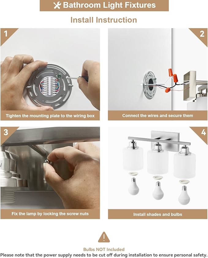 Sailstar Bathroom Light Fixtures Over Mirror, 3-Light Vanity Lights Brushed Nickel, Modern Bathroom Vanity Light, Glass Shade & Anti-Rust Nickel Finished, Bathroom Light for Small Space