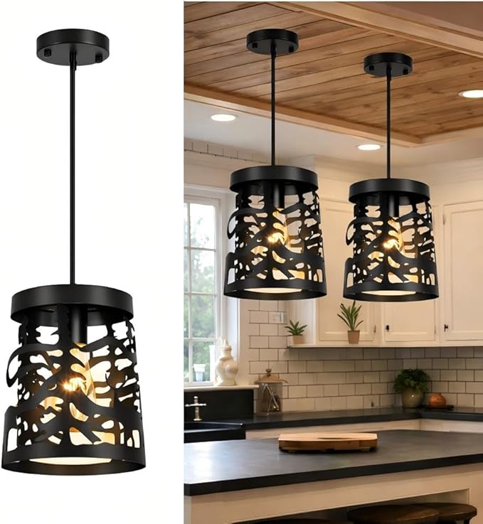 Rustic Pendant Lights with Bear and Deer Design, 1-Light Black Round E26 Base Cage Metal Fixture Adjustable Hanging Height for Kitchen Island, Hallway, Dining Room, Foyer, Bedroom