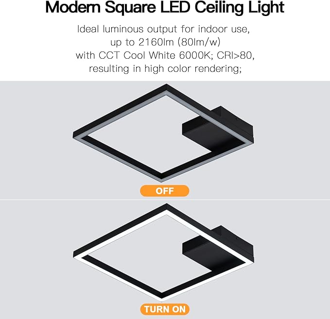 MADEM Modern LED Ceiling Light 15.74'' Black Flush Mount Ceiling Light 2160LM 27W LED Chandelier Square Ceiling Lamp Fixture for Bedroom Dining Room Living Room