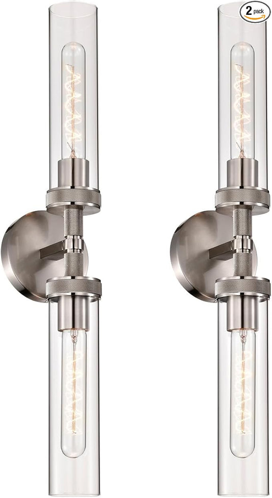 LaLuLa 2-Pack Vanity Lights for Bathroom – Brushed Nickel 2-Light Wall Sconces with Knurled Texture and Clear Glass Shades, Modern Chrome Bathroom Light Fixtures Over Mirror, 25 Inch