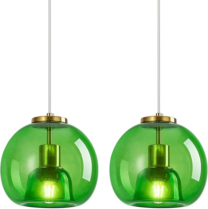 Green Glass Pendant Lights Kitchen Island Gold Hanging Light Fixture Glass Globe Pendant Light Modern Pendant Lighting for Kitchen Island Bedroom Dining Room (7.87", 2 Pack)