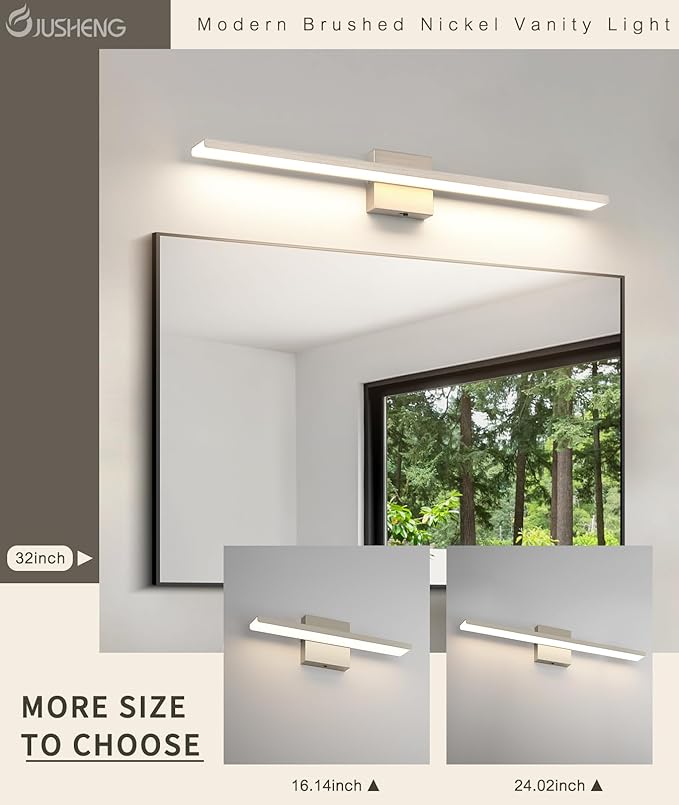 JUSHENG Brushed Nickel Vanity Lights for Bathroom Light Fixtures 5CCT Dimmable Vanity Light Bar LED Bathroom Lighting Over Mirror 31.5'' Inch 32W ETL Certificated
