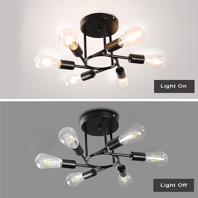 Finktonglan 6-Light Semi Flush Mount Ceiling Light, Matte Black Sputnik Ceiling Light Fixture, Modern Farmhouse E26 Chandelier for Kitchen, Dining Room, Living Room, Bedroom
