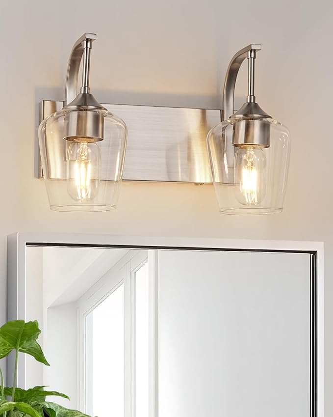 Brushed Nickel Bathroom Light Fixtures Bathroom Vanity Light with Clear Glass Shade, 2-Light Modern Wall Lights for Bedroom Hallway Living Room (E26 Base)