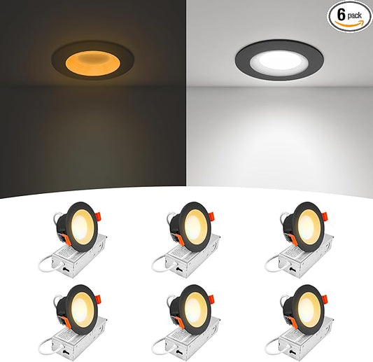 3 Inch Anti-Glare Recessed LED Downlight with Night Light, Deep Baffle Design, Dimmable, 2700K-5000K 5CCT Selectable, with Junction Box, Canless, 680lm, ETL Listed, Black, 6-Pack