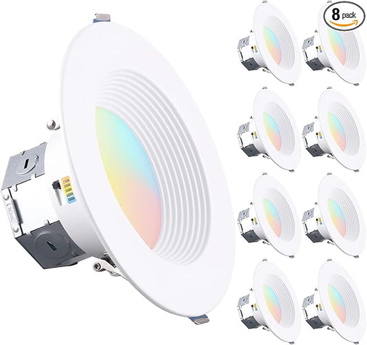 TORCHSTAR 8-Pack 5CCT 6 Inch LED Integrated Canless LED Recessed Lighting with J-Box, Anti-Glare Deep Baffle, CRI90 Dimmable Ceiling Downlight, ETL Air Tight IC Rated, 2700K3000K3500K4000K5000K