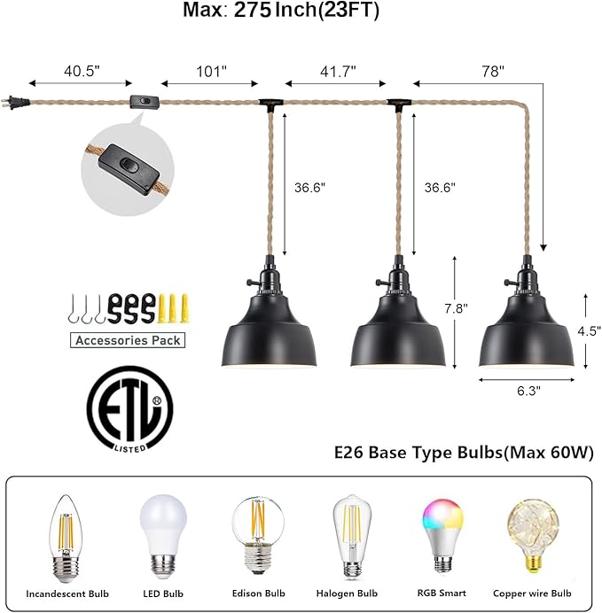 3 Light Plug in Pendant Light Cord 22FT Industrial Farmhouse Hanging Lamp with Twisted Hemp Rope Independent Triple Switch Hanging Light Chandelier for Dining Room Kitchen Black Finish