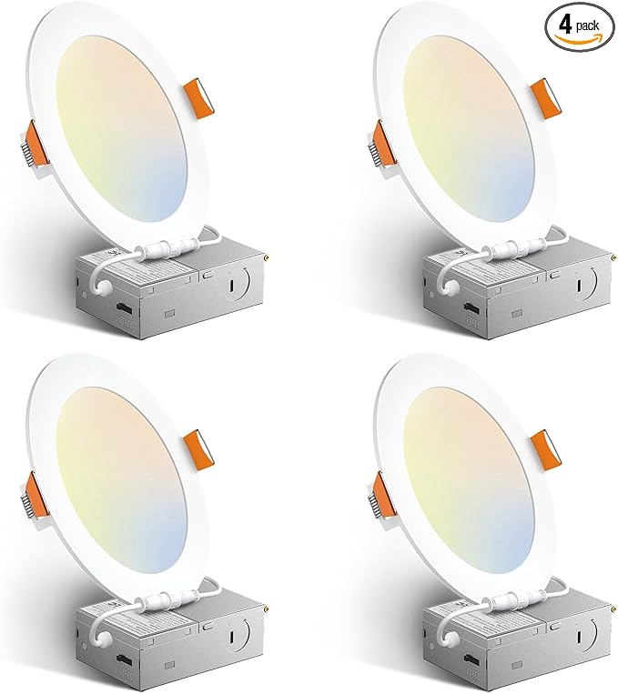 Amico 4 Pack 6 Inch 5CCT Ultra-Thin LED Recessed Ceiling Light with Junction Box, 2700K/3000K/3500K/4000K/5000K Selectable, 12W Eqv 110W 1050LM Brightness Dimmable Canless Wafer Downlight, ETL & FCC