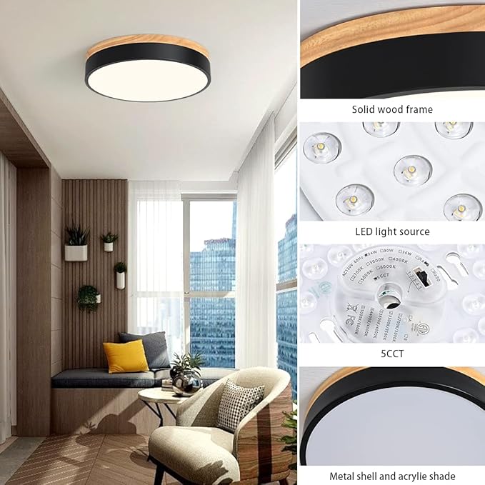 Modern Wood Flush Mount Ceiling Light, Black LED 5CCT 2700K-6000K Dimmable Ceiling Light Fixtures, Round Close to Lighting Fixture for Kitchen Entryway Hallway Bedroom Laundry Room-11.8in
