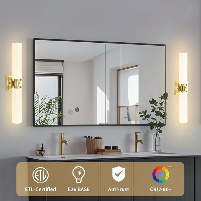 Gold Wall Sconces Set of Two, Bathroom Sconces with Frosted Glass Shade, Modern Vanity Sconces Lighting over Mirror, Wall Light Fixtures for Living Room Bedroom Hallway (Bulbs Not Included)