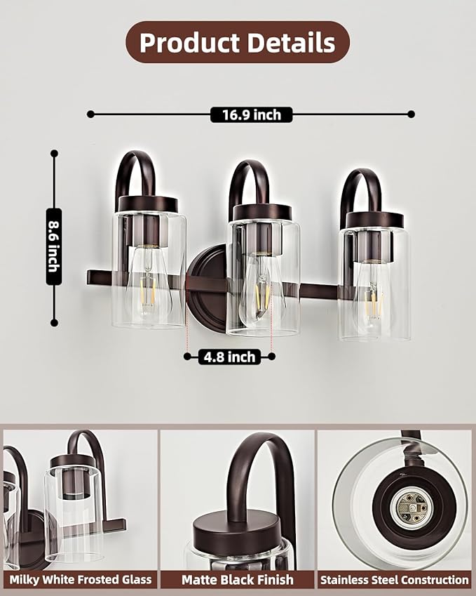 3 Light Bathroom Vanity Light, Black Coffee Vanity Lights for Bathroom, Modern Light Fixtures Over Mirror with Clear Glass Shade, Wall Sconce Lighting for Bedroom Living Room Hallway