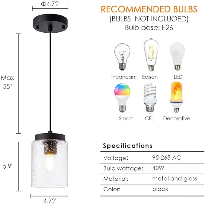 Industrial Mini Pendant Light Modern Bubble Seeded Glass Hanging Lighting Cylinder Adjustable Cord for Kitchen Island Dining Table Over Sink, Black, 1 Pack
