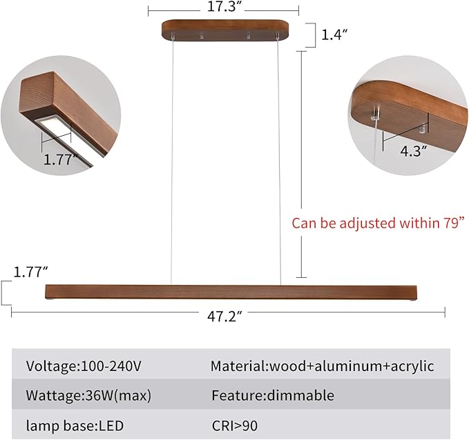 47 Inch Wood Linear Pendant Light Dimmable LED Kitchen Island Lighting with Remote Adjustable Hanging Chandelier for Dining Room Bar Pool Table 30W Modern Farmhouse Fixture Walnut Color
