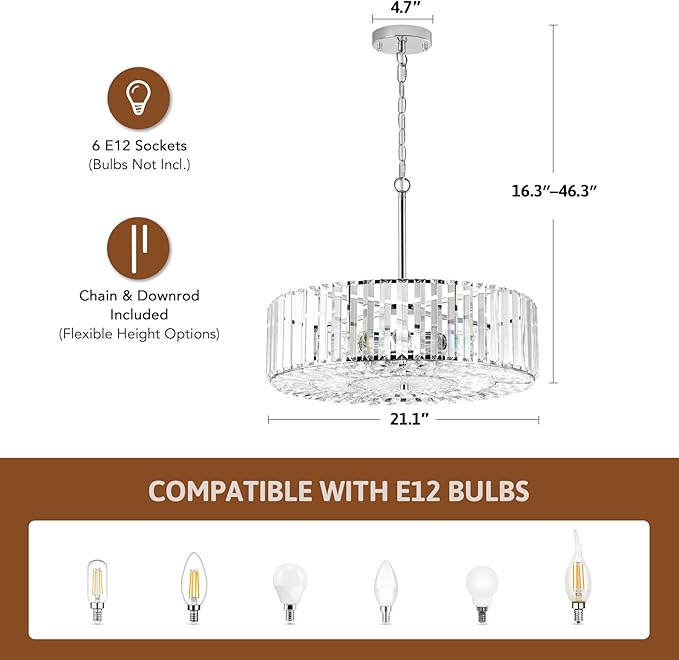 VONLUCE Cystal Ceiling Light Fixture, 6-Light Semi Flush Ceiling Light with Crystal Prisms, 21 in. Chandelier for Dining Room Bedroom Entryway, Kitchen, Nickel Metal Canopy, ETL Certificated