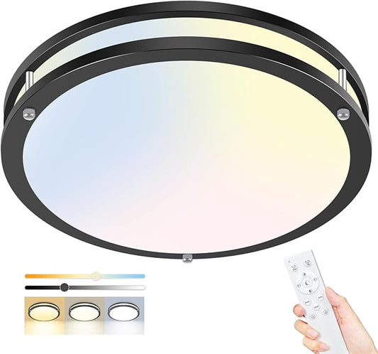 hepside Flush Mount LED Ceiling Light with Remote, Dimmable& 3000K-6500K Adjustable Ceiling Light Fixture, Timer, Night Light, 16 inch Black Ceiling Lamps for Kitchen Bathroom Bedroom Hallway