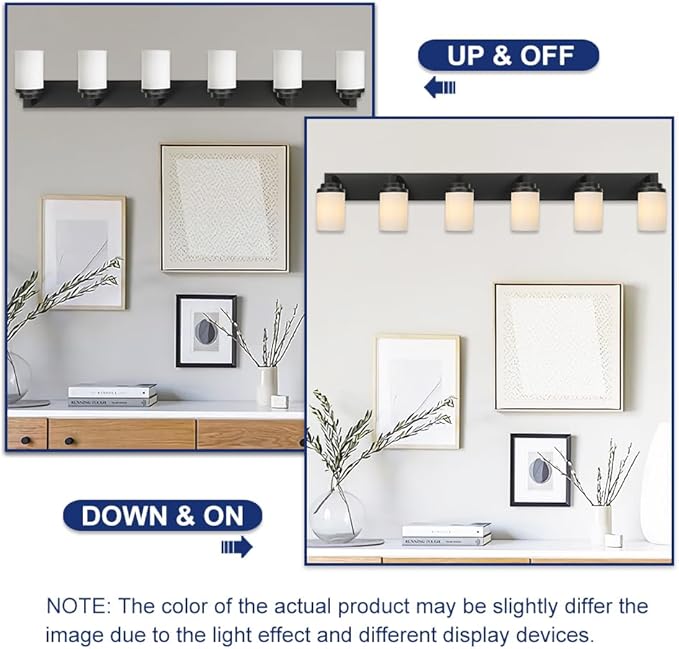 TODOLUZ Matte Black Bathroom Light Fixtures, 6-Lights Vanity Lighting Over Mirror with Opal White Glass Shades, Farmhouse Wall Lamp E26 Bulb Base