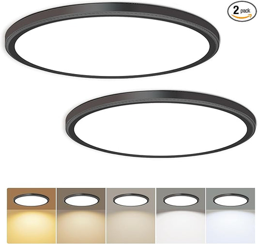 Hunhun 2 Pack 3200lm LED Flush Mount Ceiling Light 28W 12 Inch 5CCT Adjustable Super Slim 0.87 inch Round Ceiling Lamp for Bedroom, Living Room, Kitchen, Laundry - Black