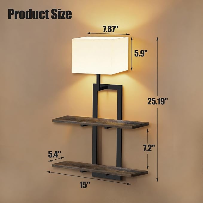 RINBOU Set of 2 Battery Operated Wall Sconce with 2-Tier Shelf, Remote Wireless Rechargeable Dimmable Wall Lights with Floating Shelves, Wall Lamps for Bedroom Living Room Hallway Bathroom Decor